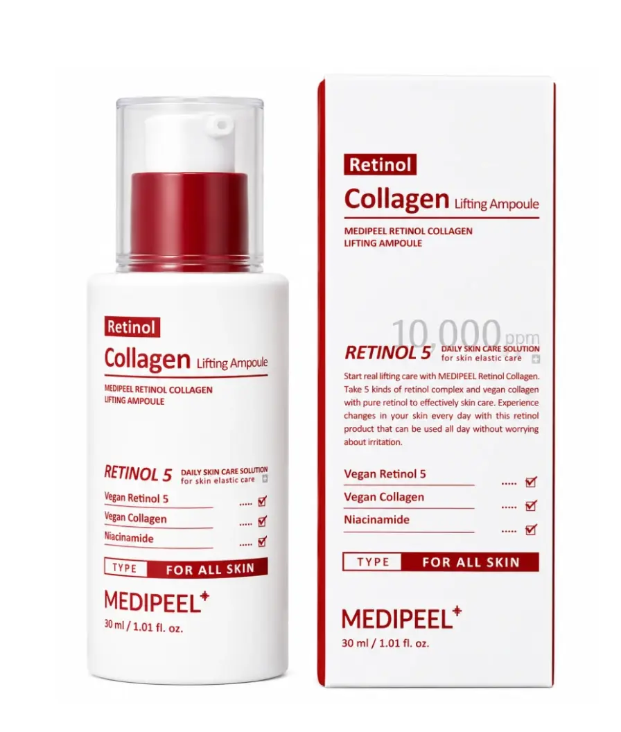 Ser lifting MEDIPEEL Retinol Collagen Lifting Ampoule cu complex de retinol, colagen vegan și niacinamidă pentru fermitate și elasticitate. 